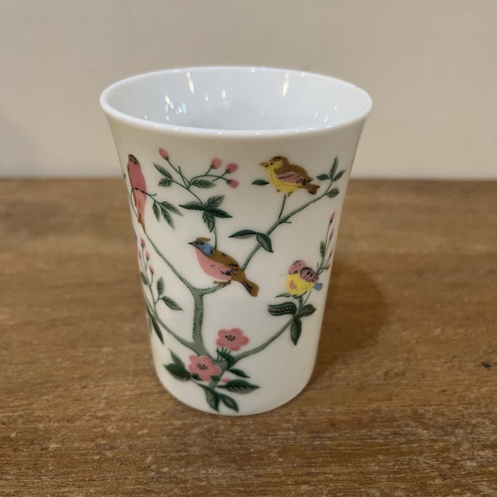 Porcelain Ceramic Cup‎ Pink Yellow Birds Tree Branch Flowers Powder Room Tumbler